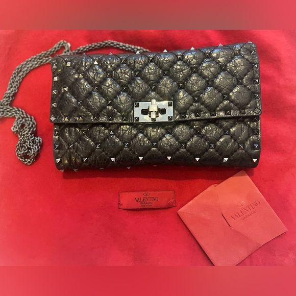 VALENTINO GARAVANI Rockstud Spike Quilted Calf Leather Shoulder Bag Black AUTH - Picture 9 of 13